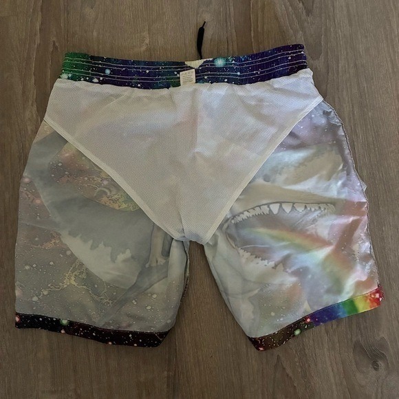 Cowboy Cat Riding Rainbow Shark Double Sided Swim Trunks Elastic Waistband Men M - Picture 8 of 8